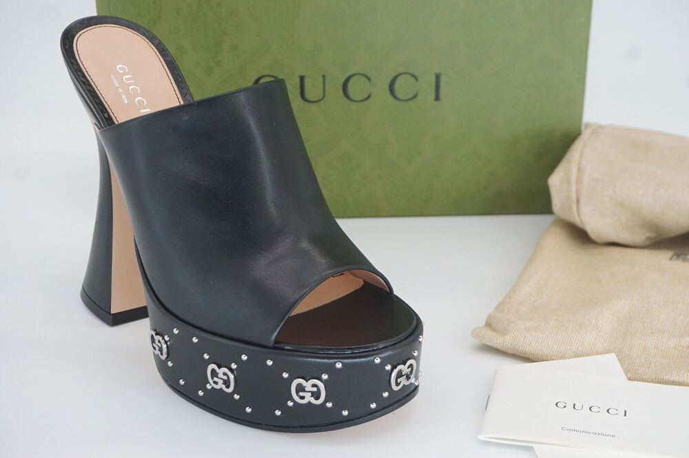 Gucci Malaga Black Open Toe Slide Mule GG Logo Platform Sandals SZ 38.5 $1190